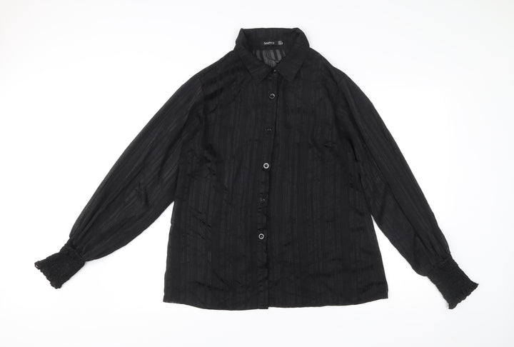 Boohoo Womens Black Button-Up Shirt Size 10 Long Sleeve Casual