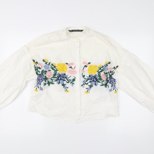 Zara Womens White Floral Embroidered Tunic Blouse Size 6 Long Sleeve
