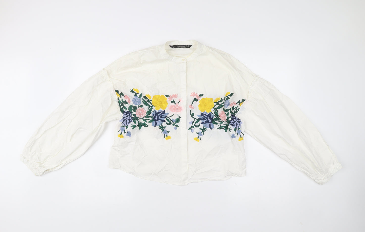 Zara Womens White Floral Embroidered Tunic Blouse Size 6 Long Sleeve