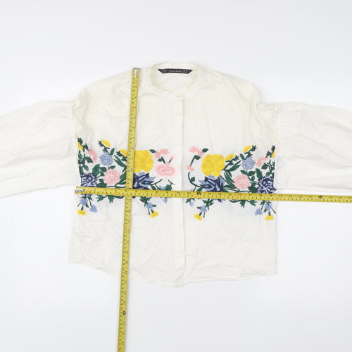 Zara Womens White Floral Embroidered Tunic Blouse Size 6 Long Sleeve