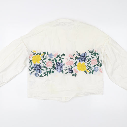 Zara Womens White Floral Embroidered Tunic Blouse Size 6 Long Sleeve