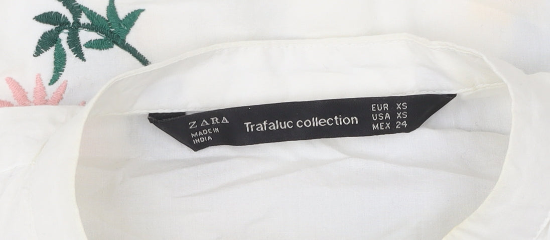 Zara Womens White Floral Embroidered Tunic Blouse Size 6 Long Sleeve