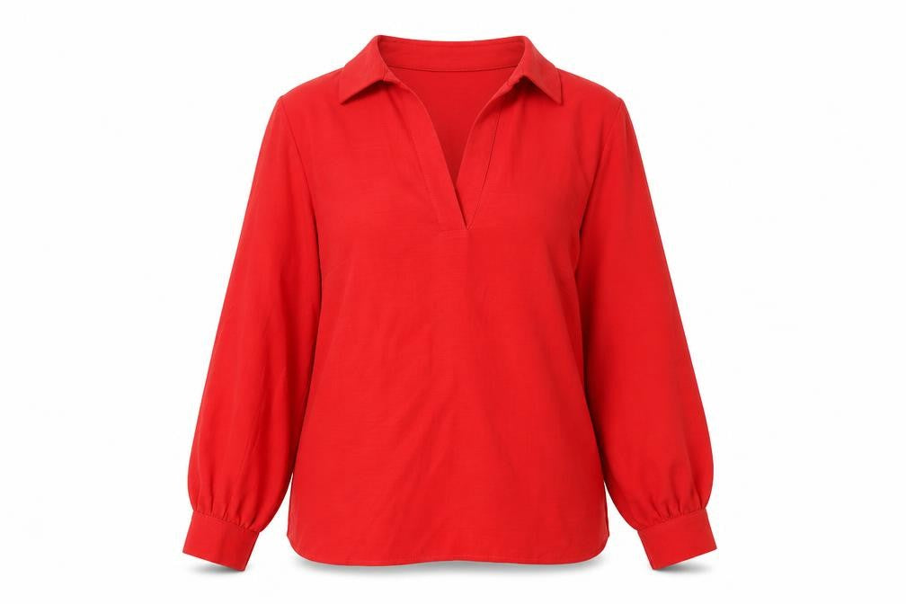 Front view of Very women’s red long sleeve tunic blouse, size UK 12, polyester