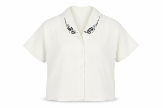 Front view of Jamie Oliver women’s ivory embroidered collar button-up blouse, size UK 14