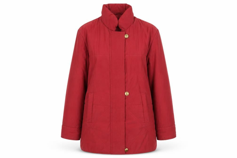 Front view of Damart women’s red coat, size UK 14, mid-length lined overcoat