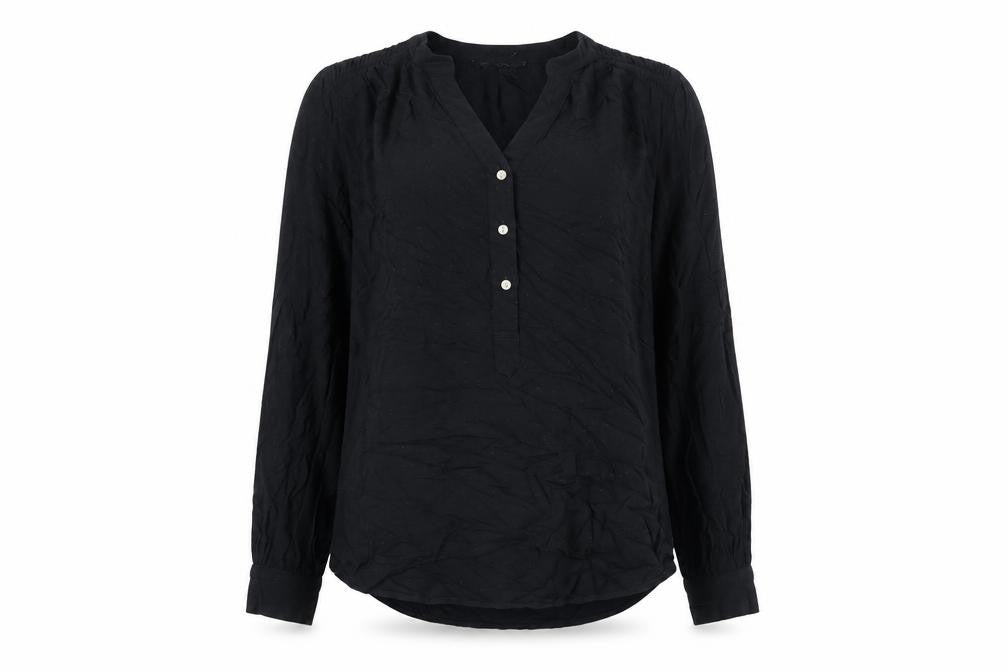 Front view of Marks & Spencer women’s black viscose blouse, size UK 8, tunic style