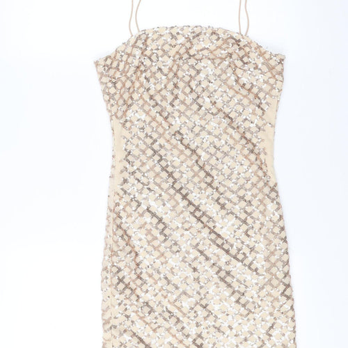 PrettyLittleThing Women Beige Sequin Short Bodycon Dress Size 8