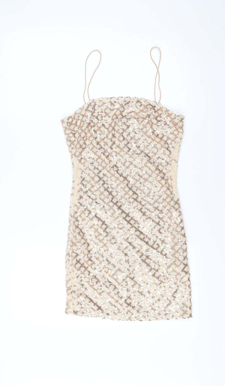 PrettyLittleThing Women Beige Sequin Short Bodycon Dress Size 8