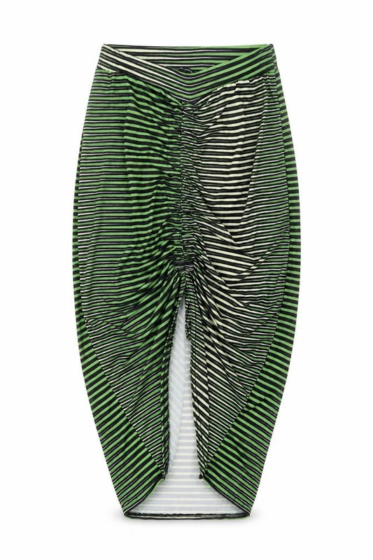 Front view of Boohoo Women’s Green Black Striped Tulip Midi Skirt, size UK 8