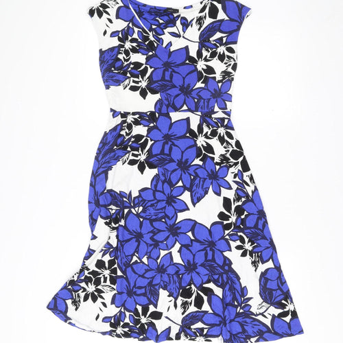 M&Co Womens Blue White Floral A-Line Knee Length Dress Size 12