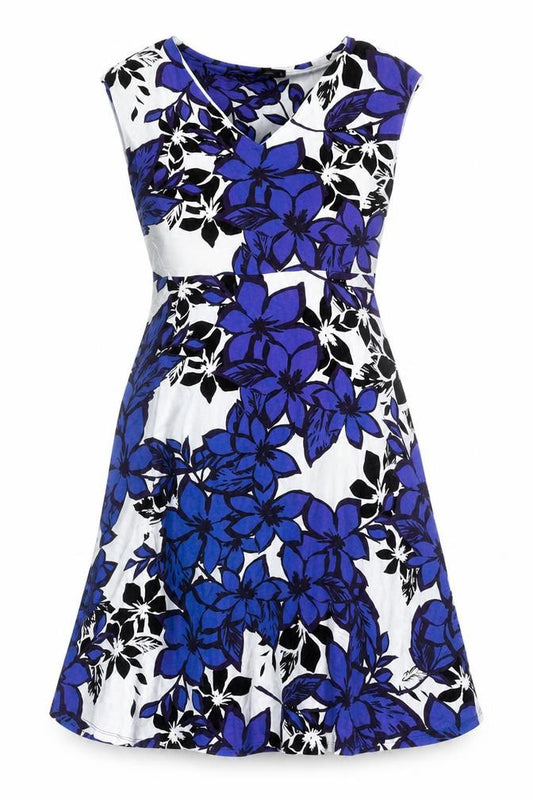 Front view of M&Co women’s blue white floral a-line knee length dress, size UK 12