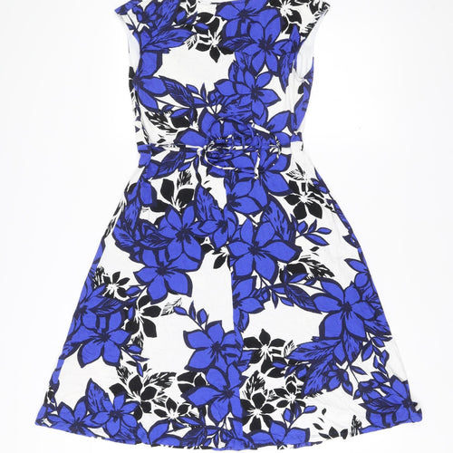 M&Co Womens Blue White Floral A-Line Knee Length Dress Size 12