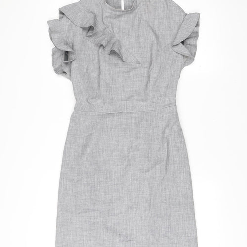 Oliver Bonas Women’s Grey Shift Dress Size 6 Ruffle Sleeve Workwear