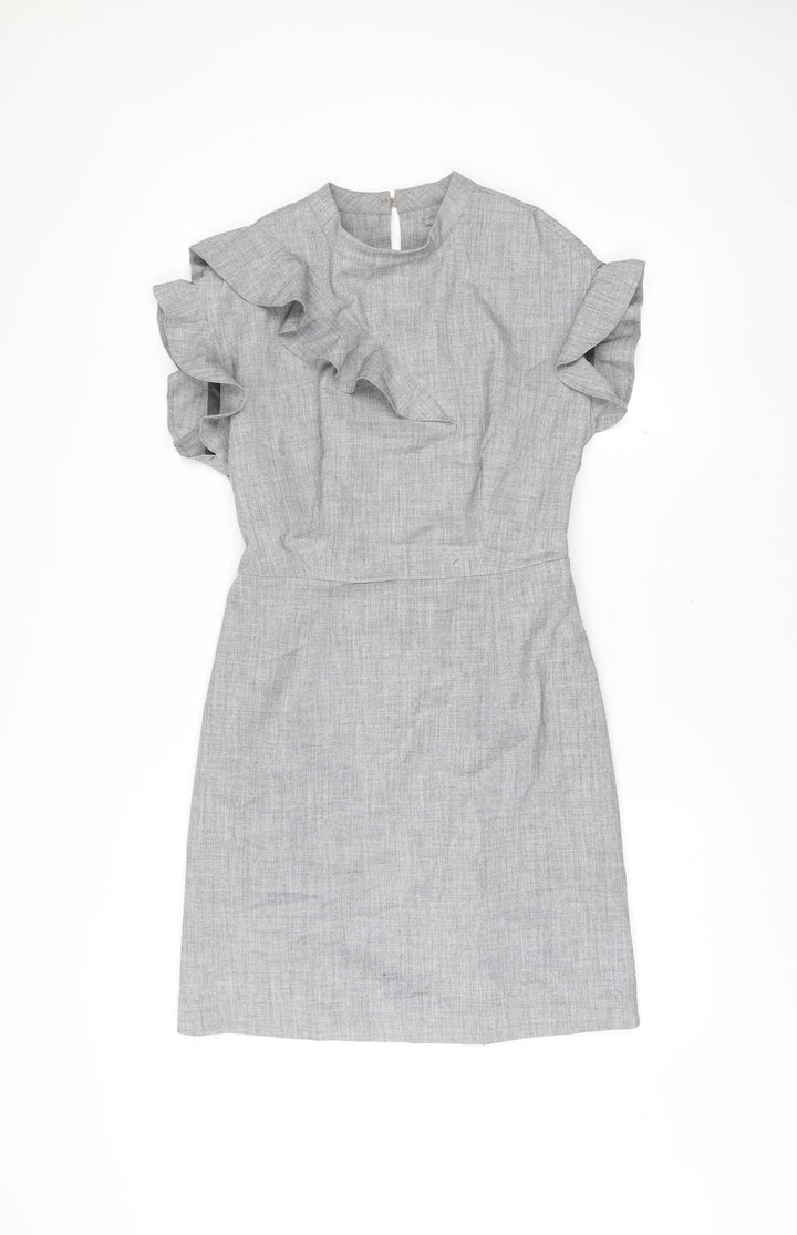 Oliver Bonas Women’s Grey Shift Dress Size 6 Ruffle Sleeve Workwear