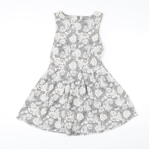 Topshop Women’s Grey Ivory Floral Skater Dress UK 10 Sleeveless
