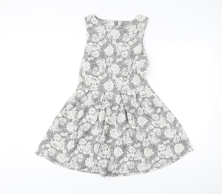 Topshop Women’s Grey Ivory Floral Skater Dress UK 10 Sleeveless
