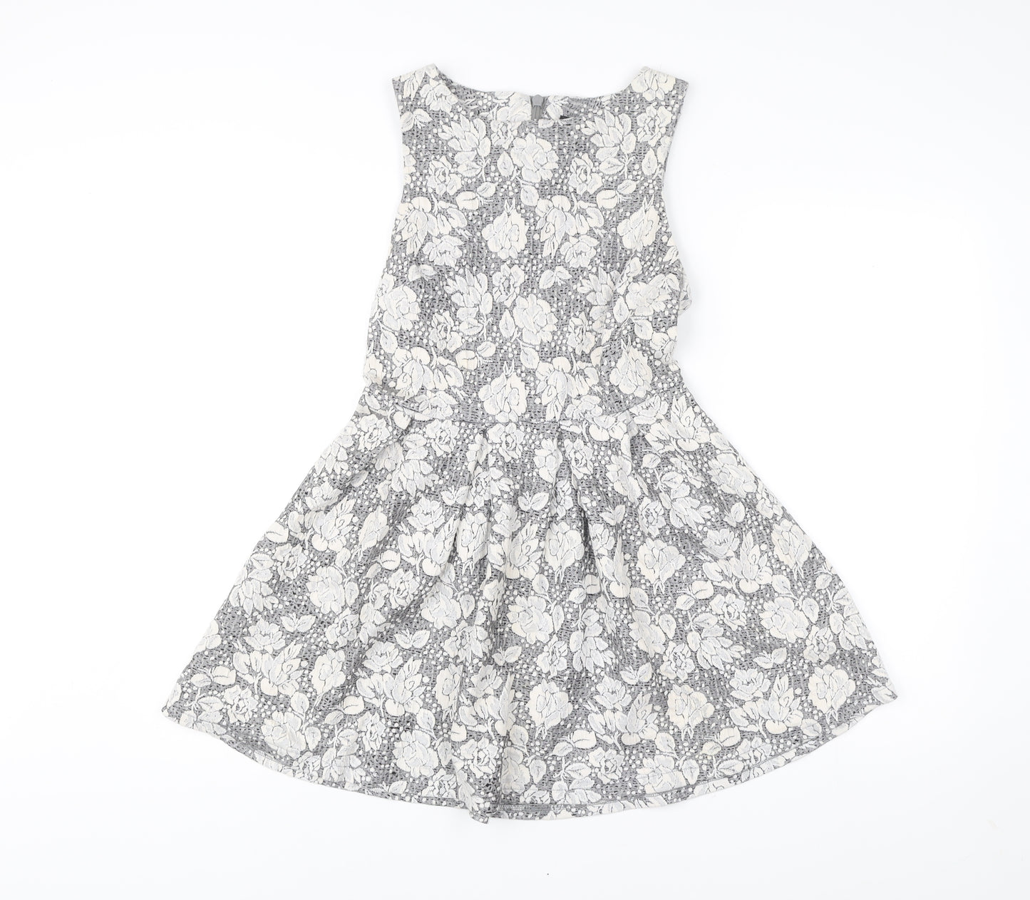 Topshop Women’s Grey Ivory Floral Skater Dress UK 10 Sleeveless