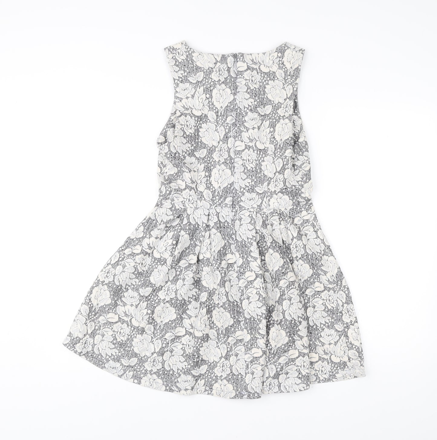 Topshop Women’s Grey Ivory Floral Skater Dress UK 10 Sleeveless