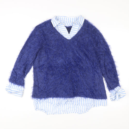Just White Women Blue Size 14 V-Neck Pullover Jumper