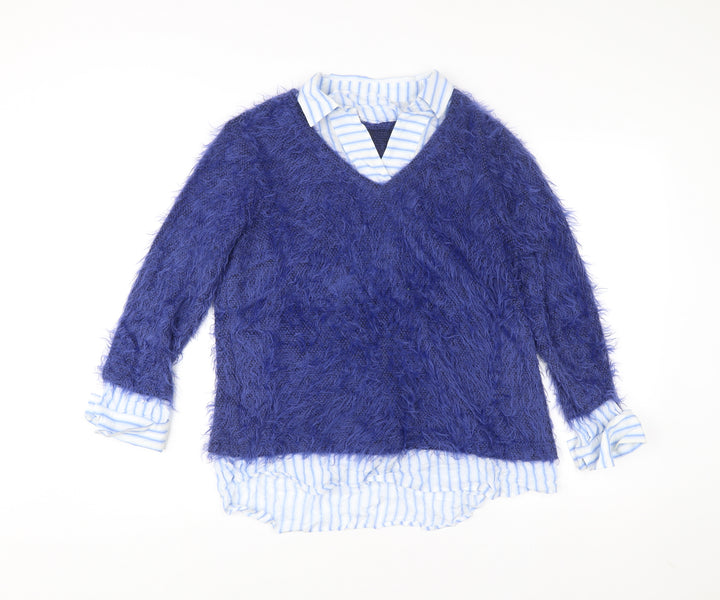 Just White Women Blue Size 14 V-Neck Pullover Jumper
