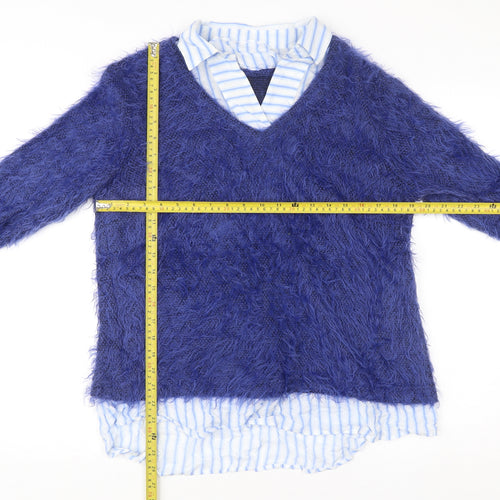Just White Women Blue Size 14 V-Neck Pullover Jumper