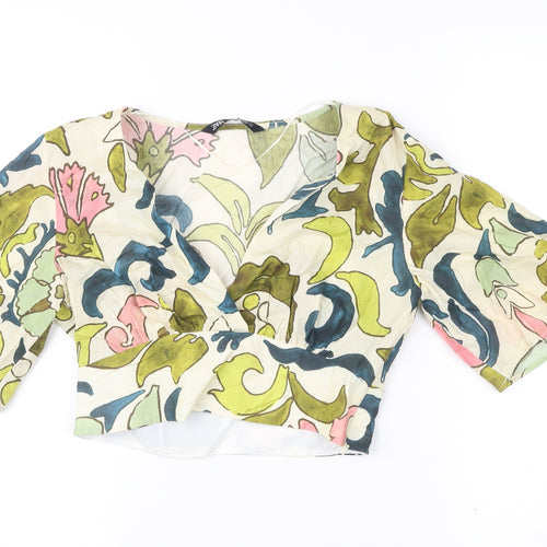 Zara Women’s Multicoloured Floral Cropped Blouse Size 8 V-Neck 3/4 Sleeve