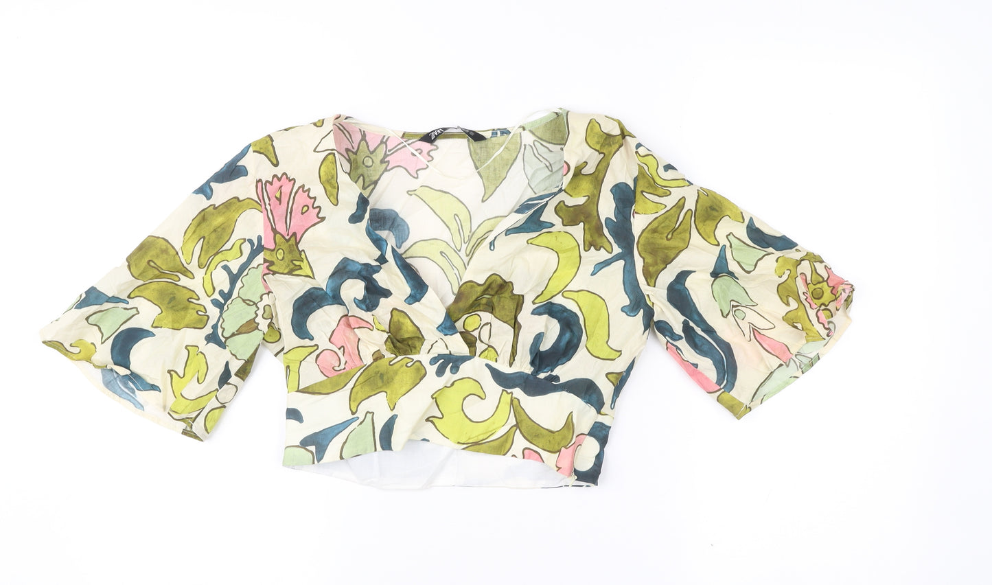 Zara Women’s Multicoloured Floral Cropped Blouse Size 8 V-Neck 3/4 Sleeve