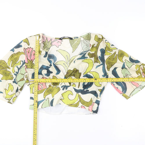 Zara Women’s Multicoloured Floral Cropped Blouse Size 8 V-Neck 3/4 Sleeve