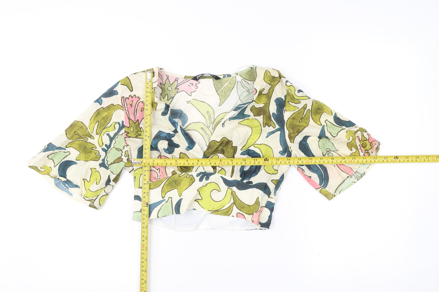 Zara Women’s Multicoloured Floral Cropped Blouse Size 8 V-Neck 3/4 Sleeve