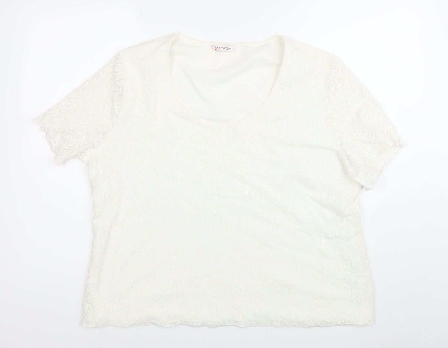 Bonmarché Womens White Lace Blouse XL Short Sleeve Scoop Neck