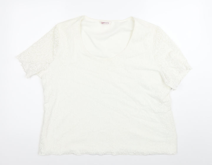 Bonmarché Womens White Lace Blouse XL Short Sleeve Scoop Neck
