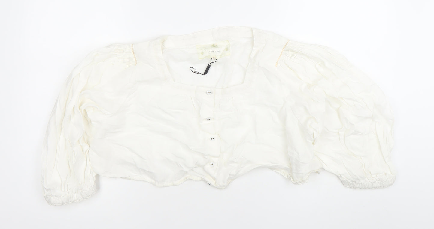 Noa Noa Women’s White Cotton Cropped Blouse Size M Puff Sleeve
