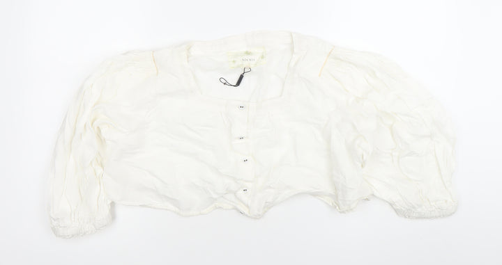 Noa Noa Women’s White Cotton Cropped Blouse Size M Puff Sleeve
