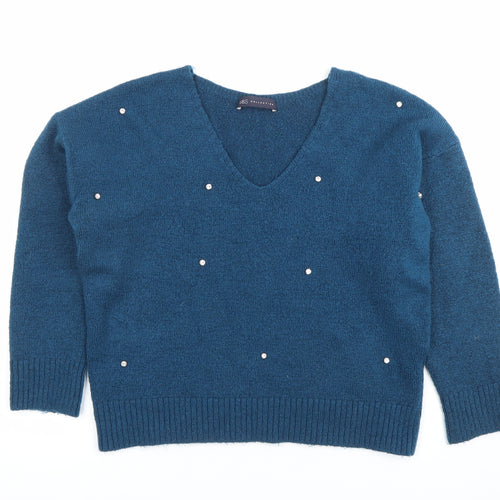Marks and Spencer Womens Blue Beaded V-Neck Pullover Jumper Size 10