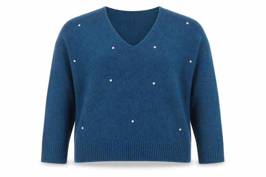 Front view of Marks & Spencer women’s blue beaded v-neck jumper, size UK 10