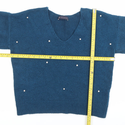 Marks and Spencer Womens Blue Beaded V-Neck Pullover Jumper Size 10