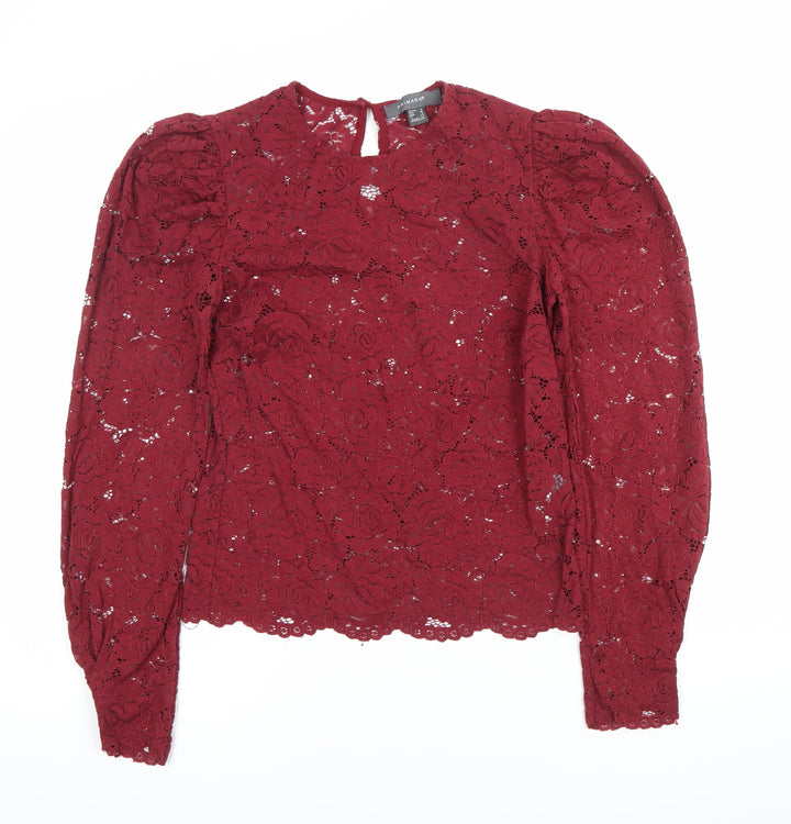 Primark Women’s Red Lace Blouse Size 8 Puff Sleeve Tunic Party Top