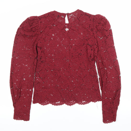Primark Women’s Red Lace Blouse Size 8 Puff Sleeve Tunic Party Top
