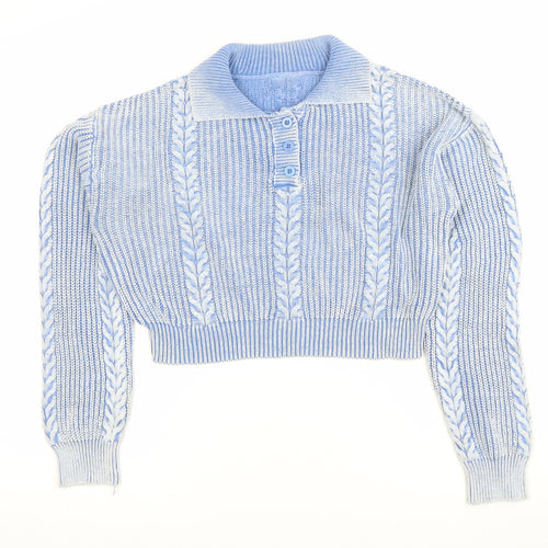 Cider Womens Blue XL Collared Henley Cable Knit Jumper