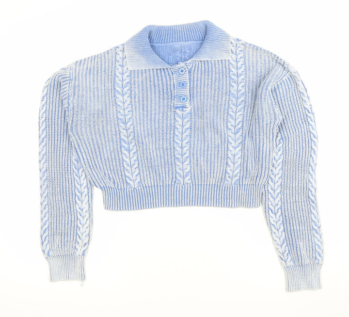 Cider Womens Blue XL Collared Henley Cable Knit Jumper