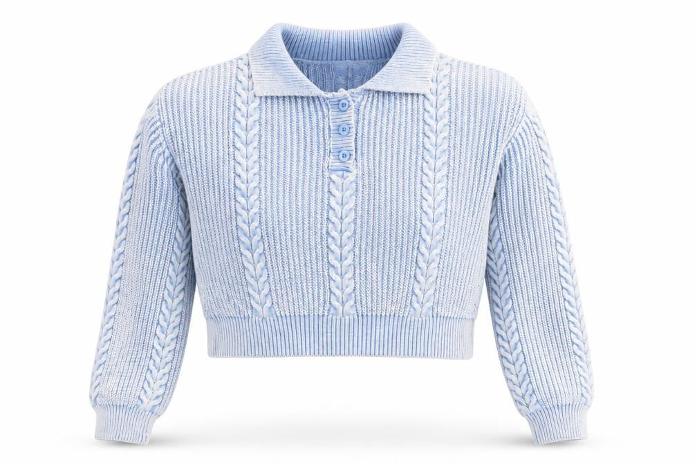 Front view of Cider women’s blue xl collared henley cable knit jumper