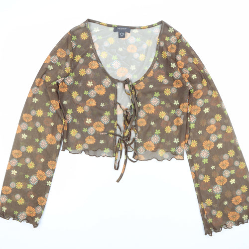 Primark Women’s Brown Floral Sheer Cropped Blouse Scoop Neck Size S