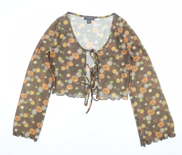 Primark Women’s Brown Floral Sheer Cropped Blouse Scoop Neck Size S