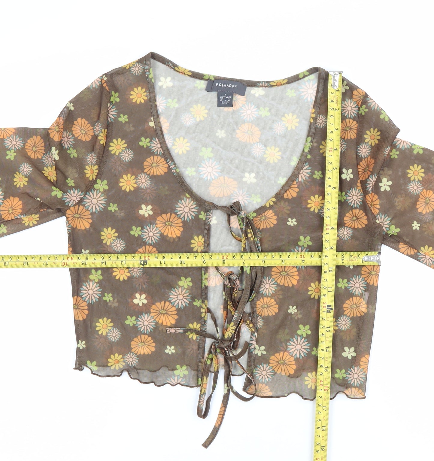 Primark Women’s Brown Floral Sheer Cropped Blouse Scoop Neck Size S