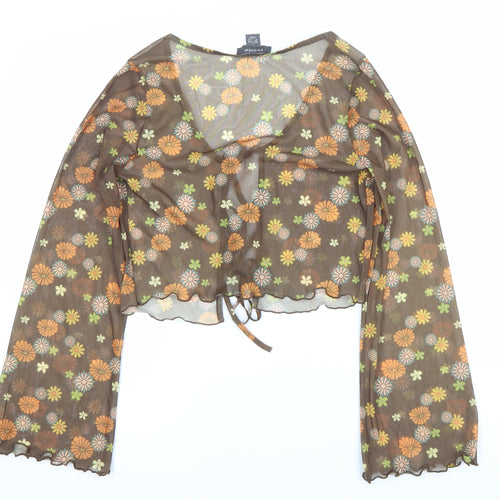 Primark Women’s Brown Floral Sheer Cropped Blouse Scoop Neck Size S