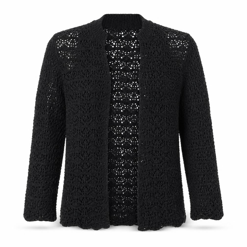 Front view of Glimpse Design unisex black open-knit crochet cardigan m v-neck