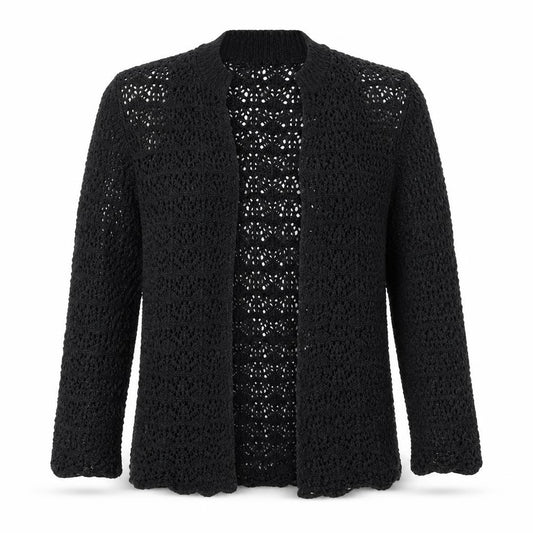 Front view of Glimpse Design unisex black open-knit crochet cardigan m v-neck