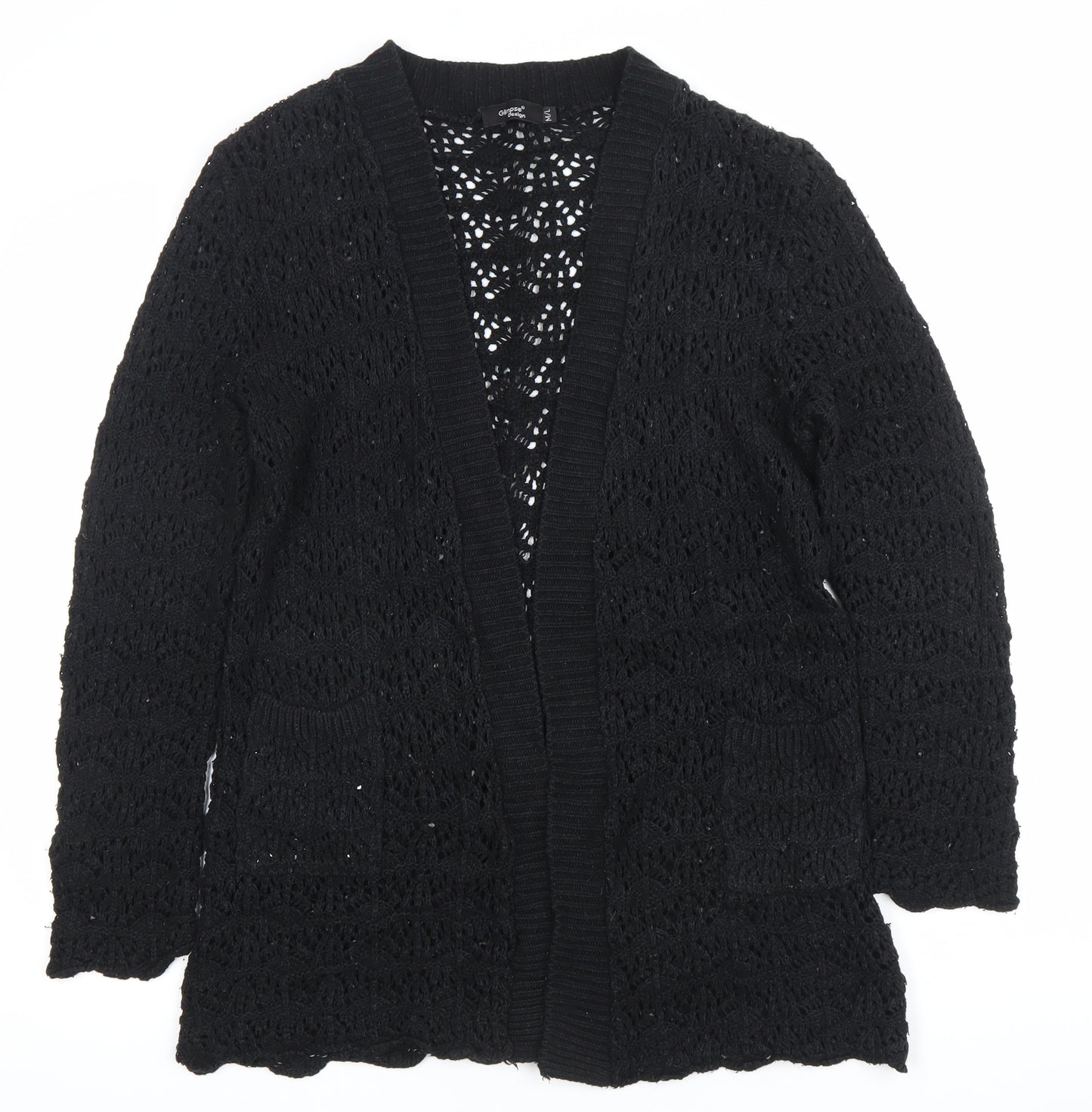 Glimpse Design Unisex Black Open-Knit Crochet Cardigan M V-Neck