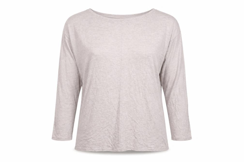 Front view of Arabella & Addison women’s beige m basic 3/4 sleeve jersey top