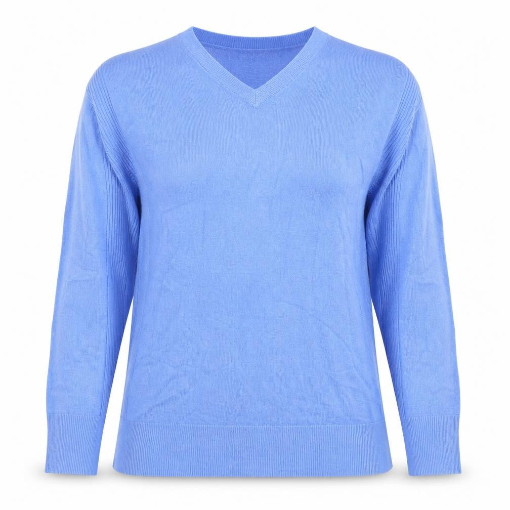 Front view of M&Co women’s blue v-neck acrylic jumper uk 10 long sleeve